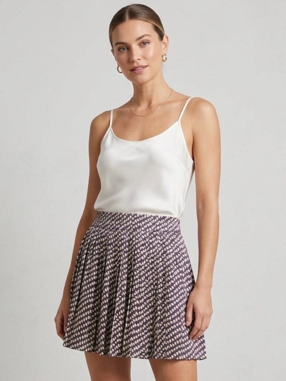 Leaf Print Pleated Satin Mini Skirt in Purple & Cream - Size L